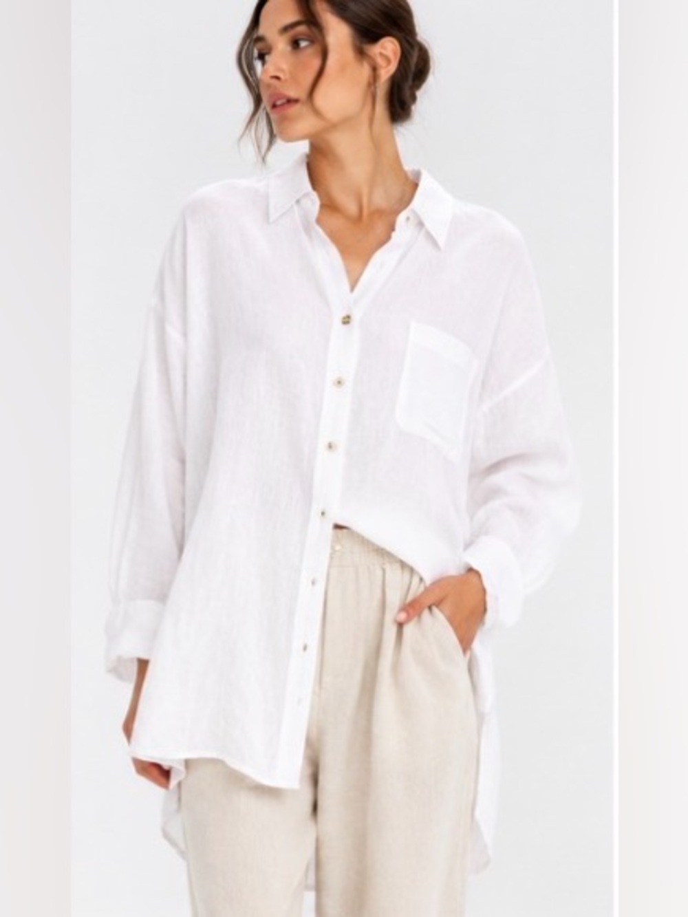 Filosofia White 100% Linen Oversized High Low Button Down Shirt L NWT